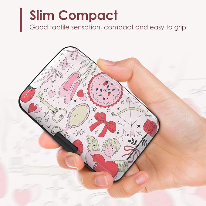 Credit Card Holder for Women, RFID Blocking Aluminum Hard Card Case, Mini Metal Wallet for Business Travel, Pink Bow Love