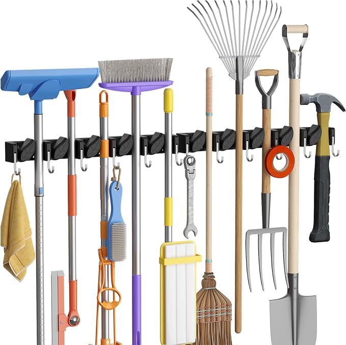 Lifewit Broom and Mop Holder Wall Mount, Non-Slip Cleaning Tool Hanger Organizer with 6 Hooks 5 Slots, Heavy Duty Hanging Broom Utility Rack for Kitchen, Garden, Garage, Laundry, 2 Pack, Black