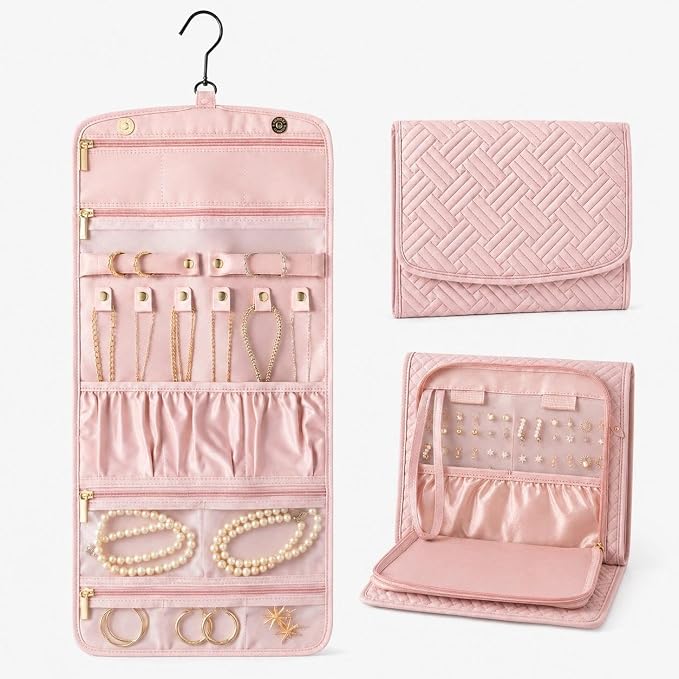 Double Sided Hanging Jewelry Organizer for Closet Door, Pink,Travel Closet | hanging jewelry organizer keeps earrings, rings, necklaces, and bracelets visible in a closet or travel bag.