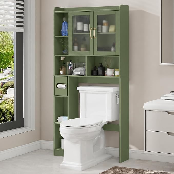 Vabches Over The Toilet Storage Cabinet, Farmhouse Storage Cabinet Over Toilet with Acrylic Doors，Home Space-Saving Toilet Rack, for Bathroom, Restroom, Laundry, Green