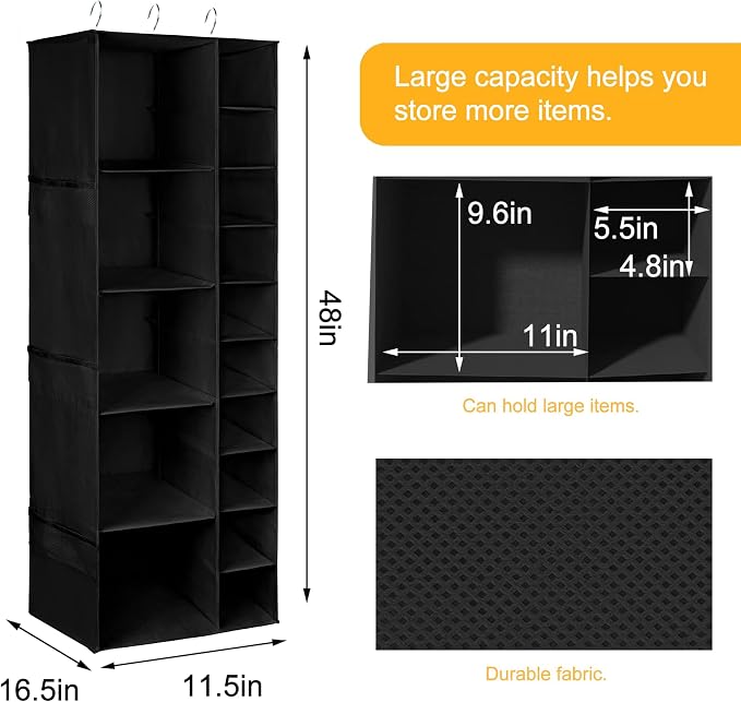 Libeder Shoe Organizer for Closet, 15 Shelf Hanging Closet Storage Shelves - 10 Shoe Rack Organizer and 5 Compartment for Clothes with 6 Side Mesh Pockets for Scarf, Socks,Gloves, Black