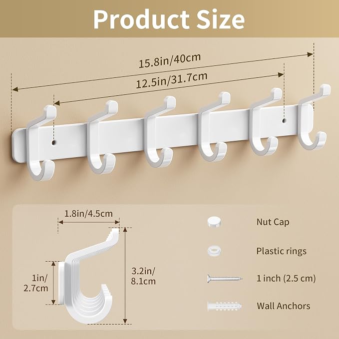 pickpiff Coat Rack Wall Mounted Heavy-Duty: Metal Coat Hanger 6 Hooks for Hanging Hat, Clothes, Robe, Keys, Backpack, Bathroom Towels, Jacket, Purse - Closet, Door, Entryway, Mudroom (White, 1 Pack)