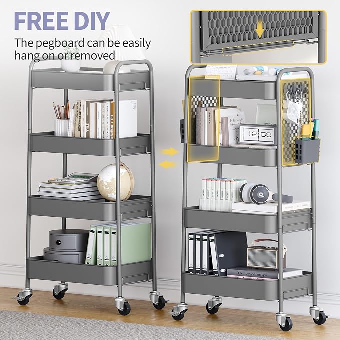 TOOLF 4 Tier Rolling Cart with Pegboard, Metal Storage Organizer Cart with Wheels, Hooks & Bins Esthetician Craft Art Sturdy Storage for Bathroom, Kitchen, Office, Nursery Diaper