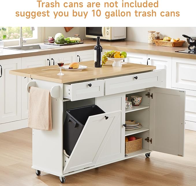 ONBRILL 60" Kitchen Island with Power Outlet & Drop Leaf, Rolling Island with Spice Rack & Towel Rack, Kitchen Island Cart with Trash Storage Cabinet, Island Table for Kitchen, White