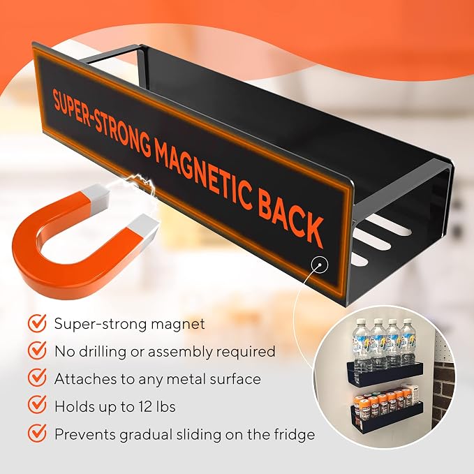 Hamilton Max 2 Pack Magnetic Shelves for Washing Machine, Laundry Organizer and Storage, Magnetic Spice Rack for Refrigerator, Holds 12 pounds each, Black Steel