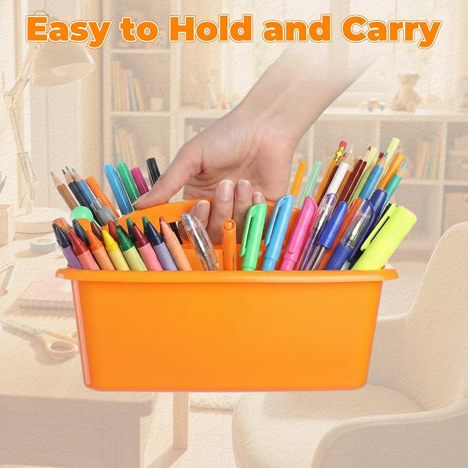 Kathfly 8 Pack Classroom Caddy Organizer with Handle, Plastic Art Craft Cleaning Caddy Bulk, Small Multipurpose Supply Organization Storage Basket for Table Desk Office Pencil Teacher (Blue Orange)