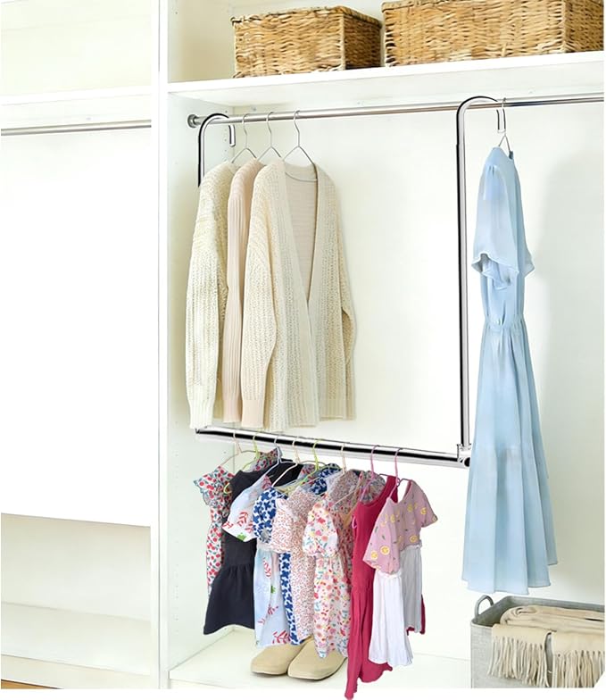 Closet Hanging Rod, Adjustable Width and Height Chrome | Space-Saving Clothes Hanging Bar，Heavy Duty Closet Hanging Organizer Closet Extender Hanging Rod Double Hanging Rod ,1 Pack