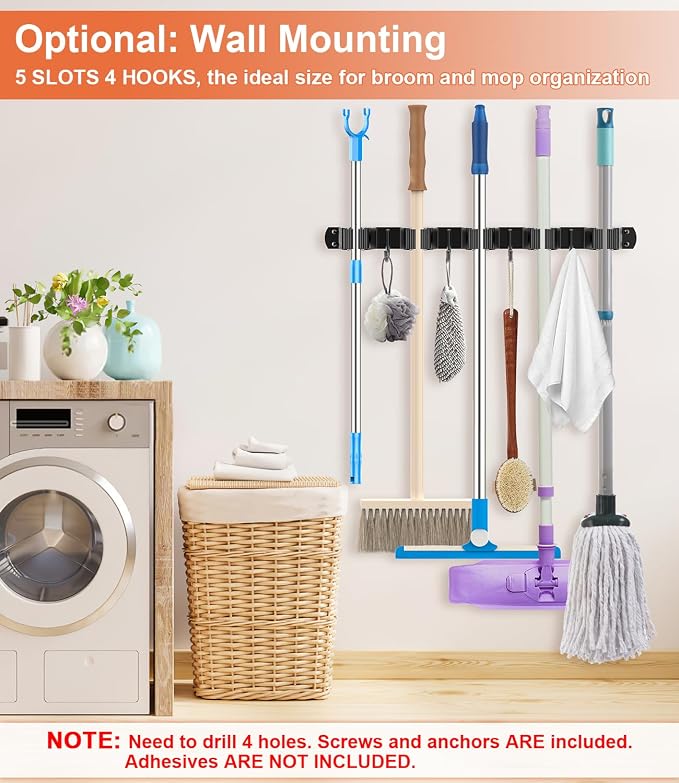 Broom Holder Over The Door with 4 Over Door Hook, Drilling Free Mop - Black | Save Space, Metal Mop and Broom Storage Wall Mount Broom Storage Tool Organizer for Laundry Room Garage Kitchen Bathroom