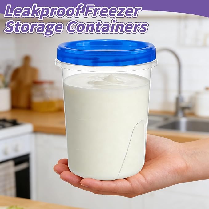 6 Pack Freezer Containers with Screw On Lids, 32 Oz Stackable Reusable Plastic Storage Container, Airtight Plastic Food Storage Containers with Twist Top Lids for Food Soup Jello Sauce
