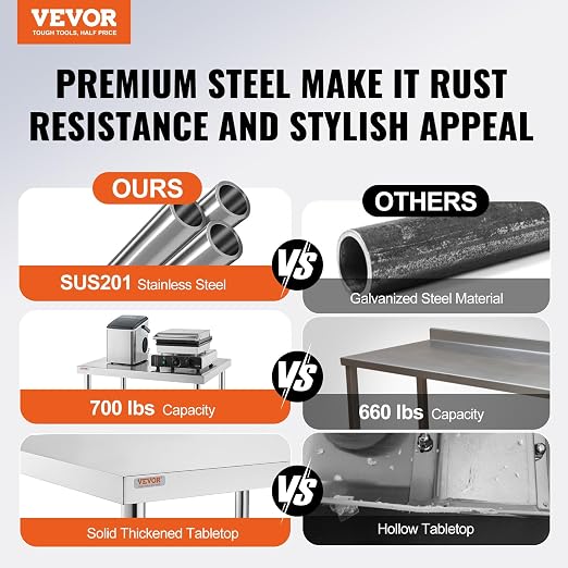 Vevor 30x36x34 Inch Stainless Steel Work Table 3-Stage Adjustable Shelf with 4 Wheels Heavy Duty Commercial Food Prep Worktable with Brake for Kitchen Prep Work