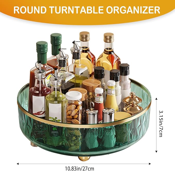 11-Inch Clear Lazy Susan, Non-Skid Rotating Storage Tray, Ideal for Kitchen Cabinets, Pantry, Refrigerator, Bathroom Countertop, Vanity Makeup Organizer, Spice Rack (Green, 11Inch)