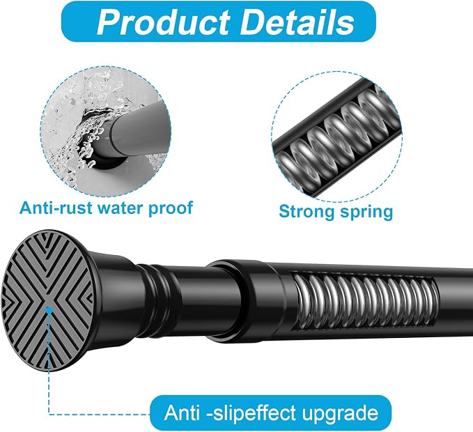 2Pack Tension Rod 16-38Inch Black Curtain Rods for Windows Small Tension Rod Adjustable Curtain Rod no Drilling Tension Rods for Window,Doorway,Closets