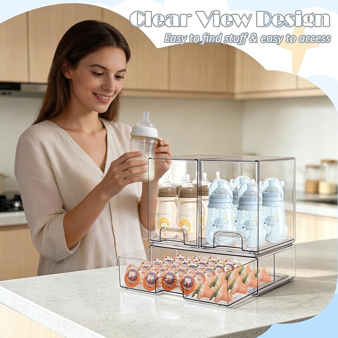 Baby Bottle Organizer with Hooks - 3 Pack Stackable Storage Drawer | Baby Organizers and Storage, Clear Acrylic Multipurpose Bottle Storage for Countertop