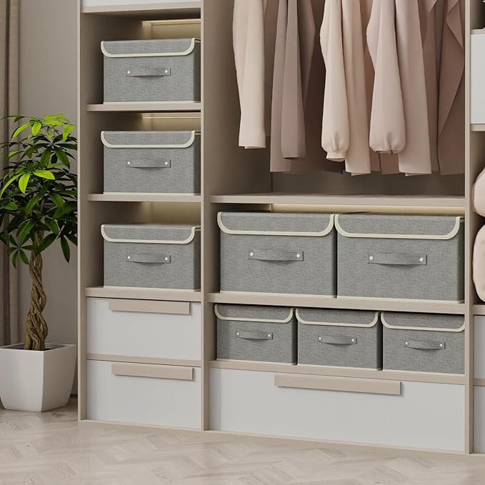 Fabric Storage Bins Cube Organizers with Flip-Top Lid and Handles,Storage Boxes for Organizing Home,Office,and Closet,Grey,5 Pack 13 X 9.1 X 7.9 in