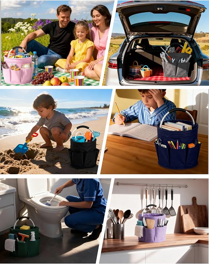 Cleaning Caddy with Handle, Cleaning Products Organiser, Foldable Storage Basket, Large Supply Organiser 17L with 6 Pockets, Portable Cleaning Caddy for Home & Garden (Khaki)