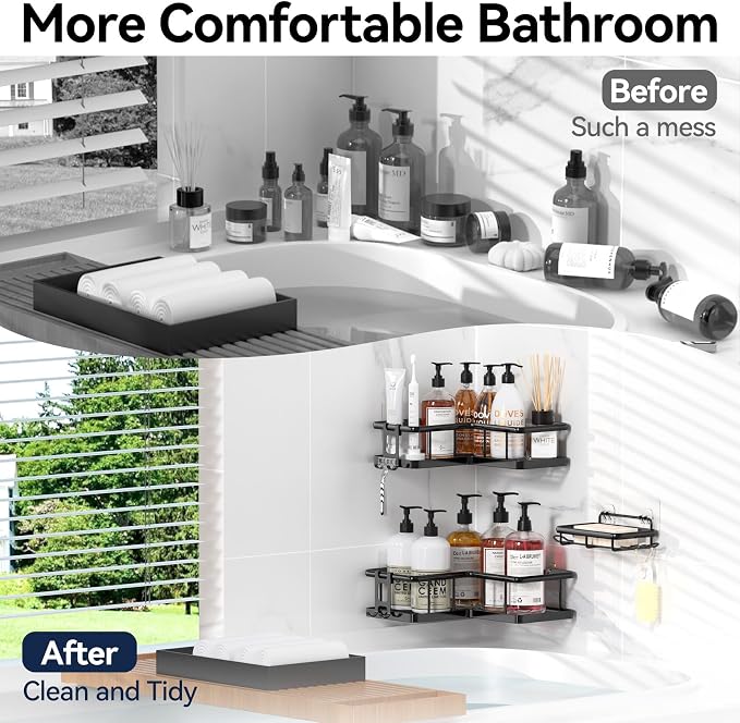 YASONIC Corner Shower Caddy Adhesive, 100% Rustproof Shower Organizer with Soap Holder, No Drill Shower Shelf for Inside Shower, Wall-Mounted Shower Storage for Homes (3 Pack, Black)