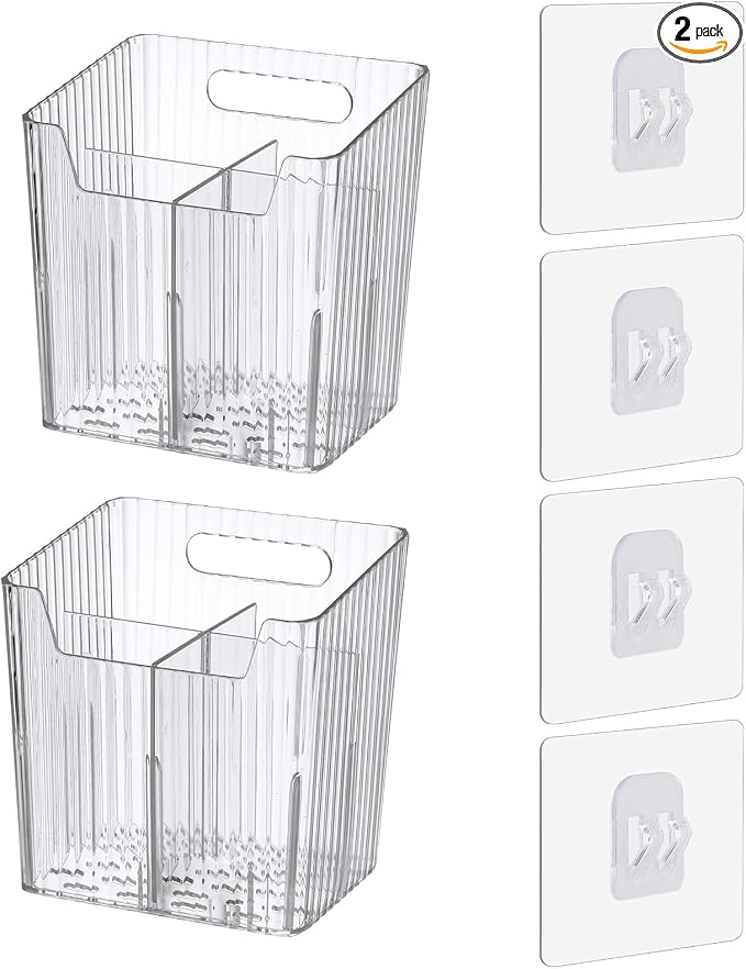 Lae Nuvole 2Pcs Storage Organizer Bins, Wall Mount Toothbrush Holder, Clear | with Dividers & 4 Adhesive Pads, No Drill, Renter Friendly, BPA-Free PET, Fits Bathroom, Apartment, RVs, Cabinet/Pantry Door