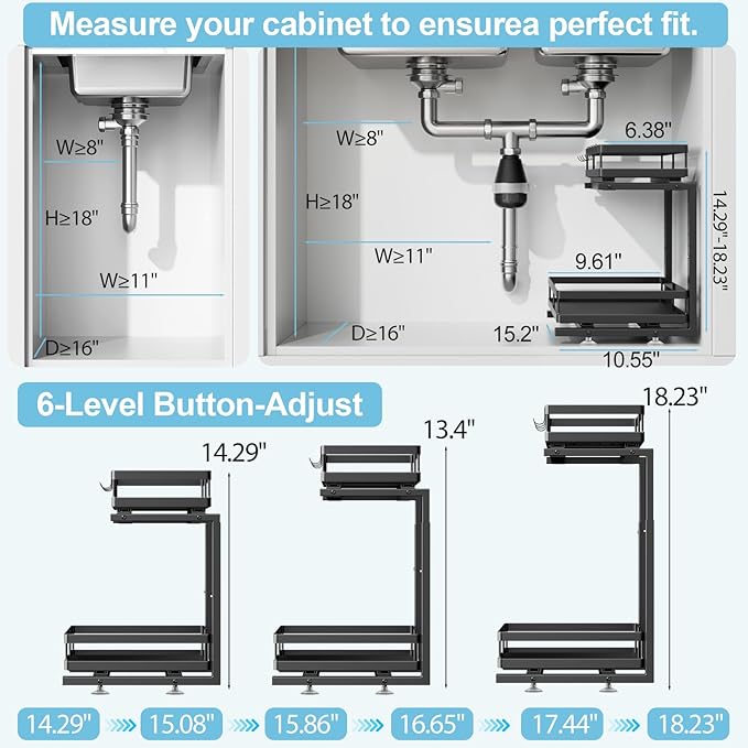 2 Pack Under Sink Organizers and Storage, Heavy Duty Metal Pull Out Cabinet Organizer with Ball-Bearing Slides, Height Adjustable L-Shaped Shelf for Kitchen & Bathroom (1-Pack)