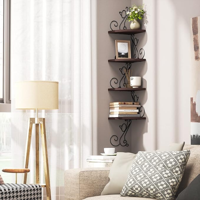 Alsonerbay Corner Shelf Wall Mount, 4 Tier Floating Shelves for Wall, Easy-to-Assemble Wall Shelves Rustic Wood Decor for Bedroom Living Room Bathroom Kitchen Office, Walnut Finish