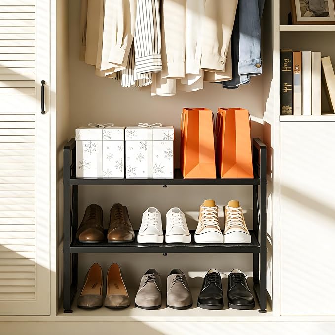 ELYKEN Shoe Rack, 4-Tier Expandable Shoe Organizer for Closet, Metal Black Shoe Shelf with 8 Hooks, Adjustable Shoe Stand Holder for Entryway, Garage, Door Entrance