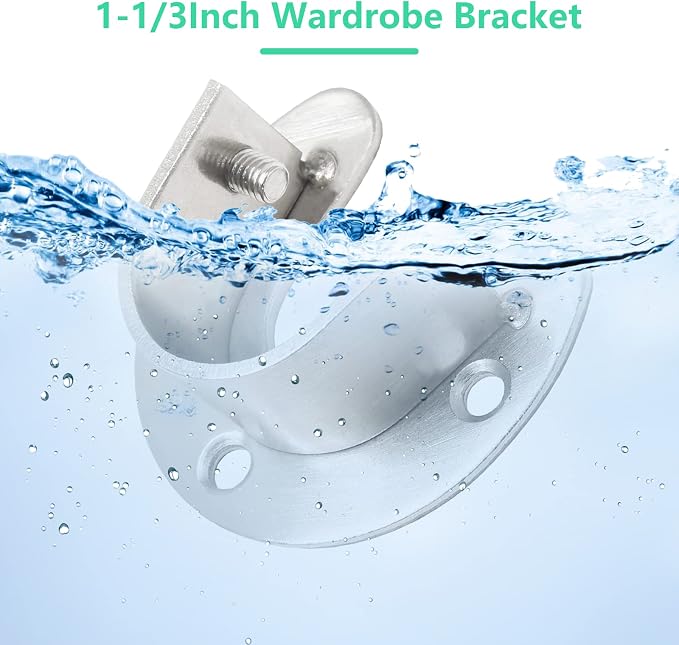 Stainless Steel Closet Rod End Supports, 1-1/3 Inch, Silver | 8 Packs, Wardrobe Bracket, Heavy Duty, U-Shaped, With Screws