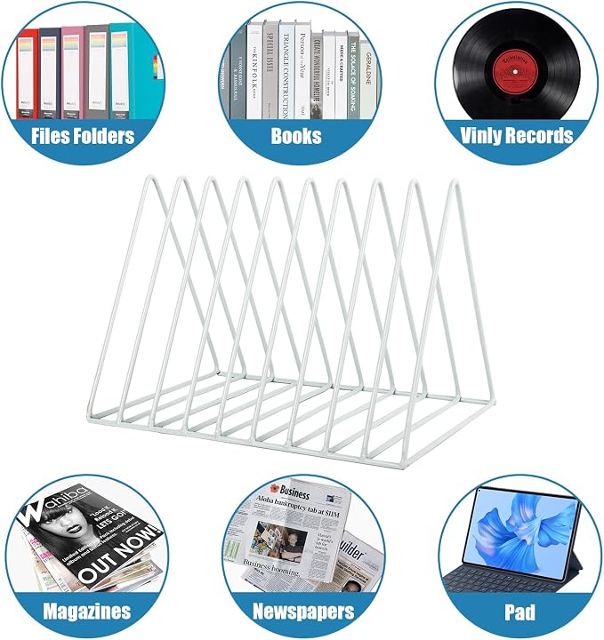 EASEPRES Vinyl Record Holder Storage, 9 Slot Metal Magazine Book Album Display Rack, Stylish Triangle Desktop File Sorter Organizer for Home Office, White