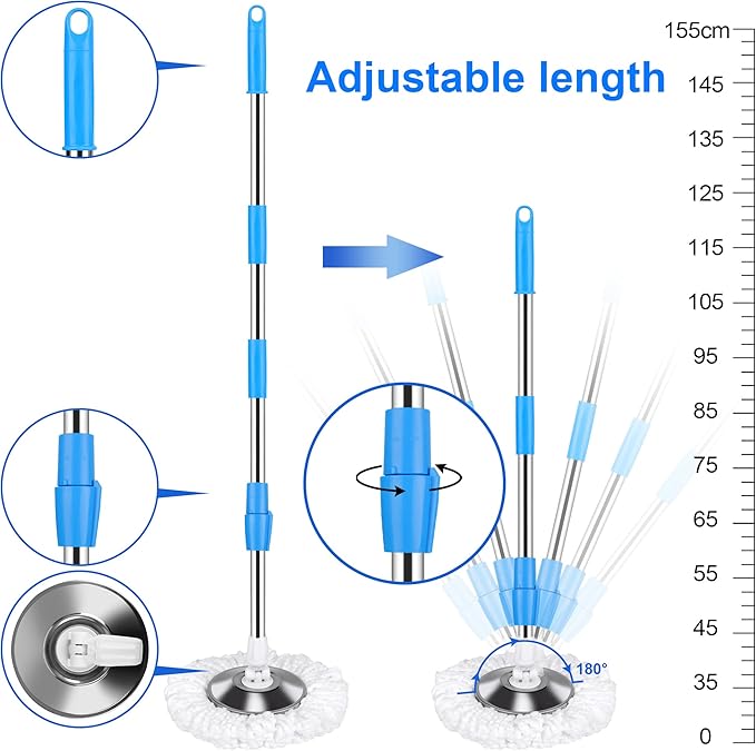 Mop and Bucket with Wringer Set, Mop and Bucket on Wheels Floor Cleaning System with Spin Mop Head 61 Inch Refills Extended Stainless Steel Handle for Home Office Household Cleaning