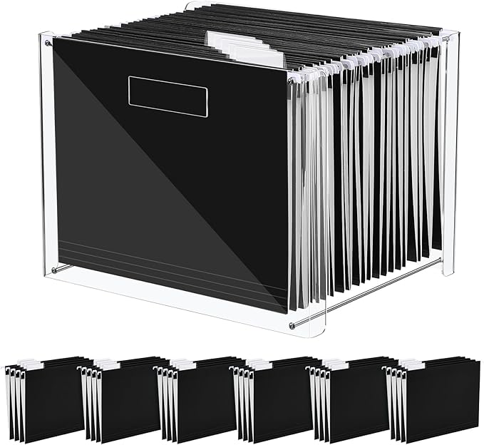 Dispowreath 24 Hanging File Folder with Acrylic Organizer for Letter/a4 Size Desktop Clear File Storage Box with Handles for Home Work Office Use(Black,Classic)
