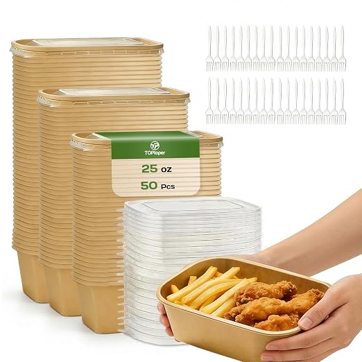 TOPtoper 50 Pack 25 OZ Disposable Meal Prep Containers with Lids and Forks, Large Kraft Paper Bowls for Party, Disposable Food Containers with Lids, Freezer and Microwave Safe Meal Prep Containers
