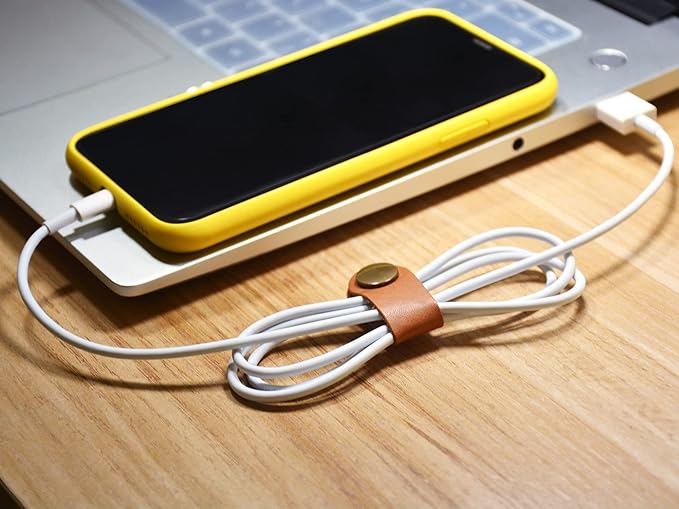 CAILLU Leather Cord Organizer,Cable Ties for Earbuds,Cord Keeper for Travel | Cable Organizer for Earbuds,Headphone Wrap,Button Snap Closure for USB Cord Holder,Desk,Pocket,Stocking Stuffers for Men Gift