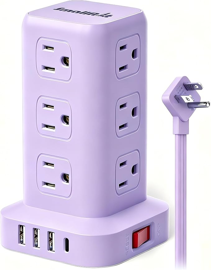 Power Strip with 12 Outlets 4 USB (1 USB C), 6.5Feet Extension Cord with Multiple Outlets, Charging Station, Purple Power Strip Tower, Home Office Desk Supplies