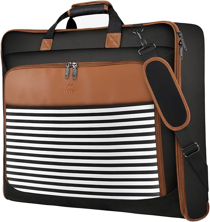 MATEIN Suit Carry On Garment Bag for Travel, Suit Bag with Adjustable Strap | Waterproof, Foldable Garment Luggage, Large Compartment, For Women, For Carrying Clothes, Black Stripe