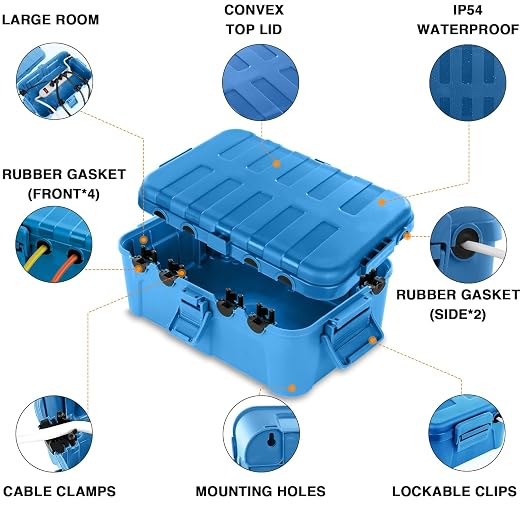 Flemoon Large Outdoor Electrical Box (12.5 x 8.5 x 5 inch), IP54 Waterproof Outdoor Extension Cord Cover Weatherproof, Protect Outlet, Plug, Socket, Timer, Power Strip, Holiday Light Decoration,Blue