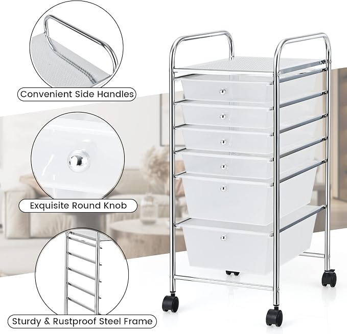 DREAMADE Rolling Cart with Storage Drawers, Utility Cart with Removable Plastic Drawers, Lockable Wheels, Art Cart for Classroom Organization Art Supplies Office Scrapbook (6 Drawers, Transparent)