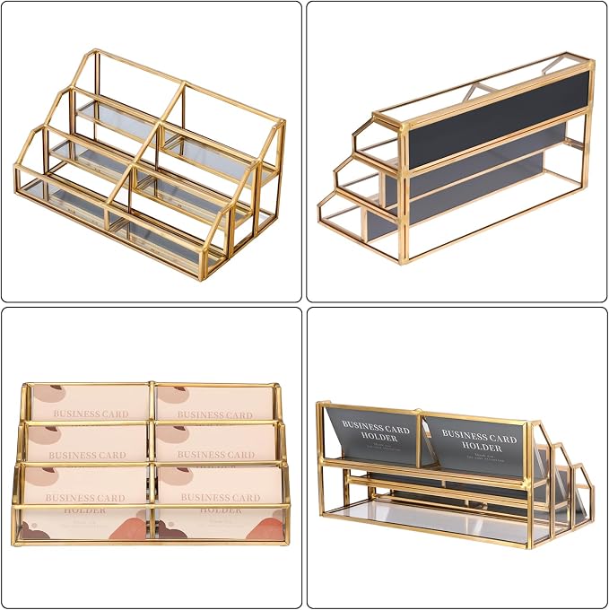 Hipiwe Gold Metal Desk Business Card Holder Glass Name Card Display Organizer 3 Tiers 6 Slot Business Card Stand for Exhibition Office Desktop