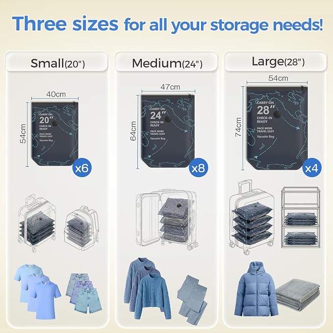 18 Pack Vacuum Seal Bags for Clothing Travel with Electric Pump (4 Large 28", 8 Medium 24", 6 Small 20") Heavy Duty 0.08mm Travel Vacuum Bags for Luggage & Moving, Reclaim 80% Space