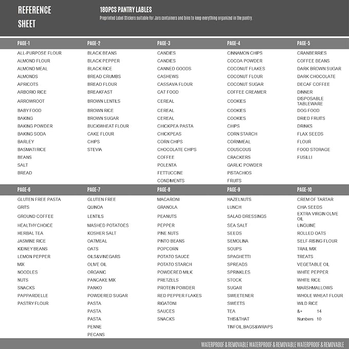 180 Pantry Labels, Prefdo Waterproof White Script Preprinted Food Names Label Stickers for Kitchen Organization Storage Containers, Jars & Canisters (Black)