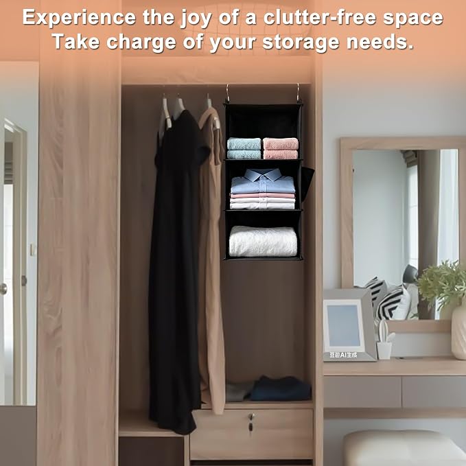 BOOMIBOO Hanging Closet Organizer and Shelves, 4 Shelves with 1 Side Pockets, Foldable, Grey Fabric, Modern Style, for Bedroom and Dorm Room (Grey)