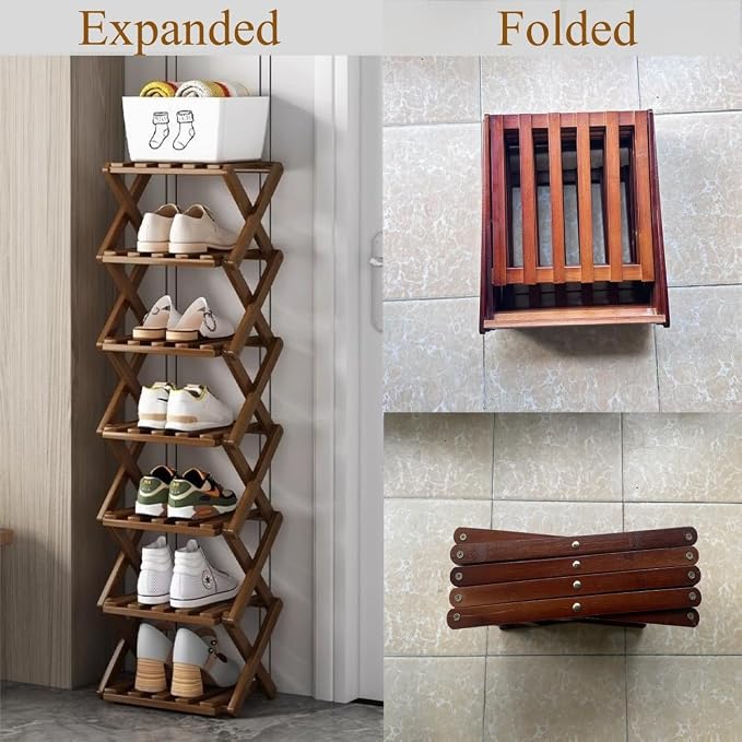 7 Tier Foldable Shoe Rack, Bamboo Vertical Shoe Organizer Tall for Multifunctional Narrow Shoe Shelf for Entryway, Closet, Corner, Bedroom, Hallway(Brown)