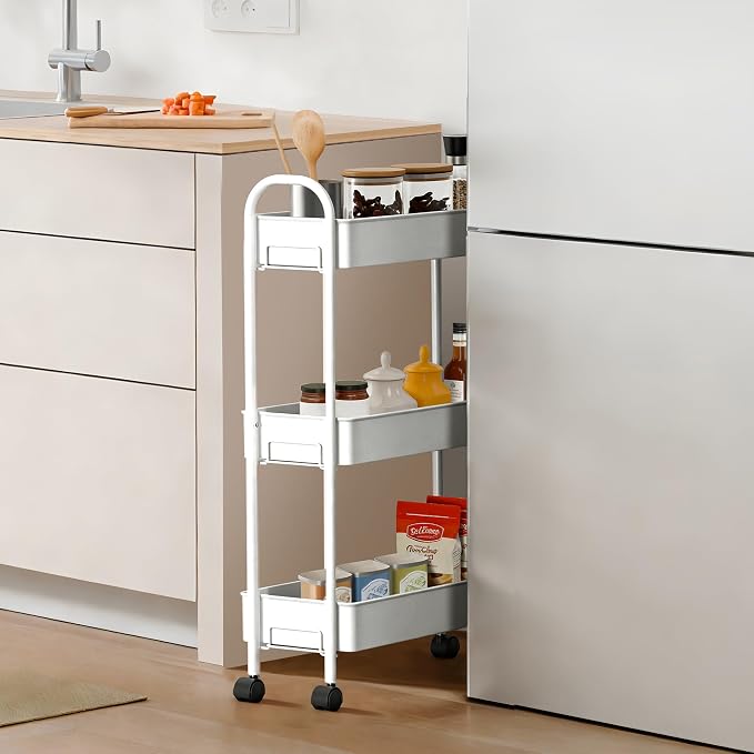 Slim Rolling Cart, Metal Frame Utility Rolling 3-Tier Narrow Storage Cart with Handle Kitchen Storage Organizer, Mobile Shelving Unit for Bathroom Kitchen