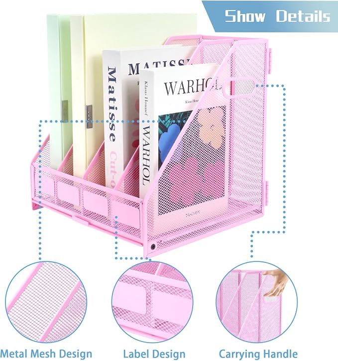 Desk Organizers Metal Magazine File Holder Racks Desktop Folder Storage Binder Organiser Document Organization for Home Office & Classroom,4 Vertical Compartments-Pink