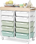 10 Drawers Rolling Cart with Wooden Tabletop, Utility Storage Cart with Wheels, Art Supply Craft Organizer on Wheel with Metal Frame & Handles for Home Office School,Green