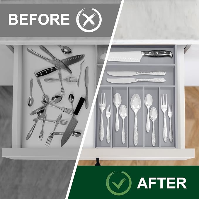 Utensil Organizer 13'' Silverware Drawer Organizer Cutlery Kitchen Bamboo | Natural Bamboo Gray, 7 Compartment, Durable, Small Narrow Organizer, Silverware Tray, Utensil Holder, Silverware Organizer