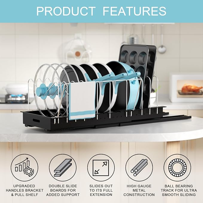 Golener Pots and Pans Organizer Under Cabinet, 22" Deep Expandable, 2 Pack | Pot Organizers inside Cabinet with 10 Adjustable Dividers & Handrail, No Drill Pot Lid Holder, Sliding Pot Lid Holder
