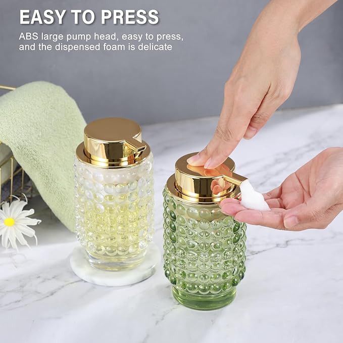 Glass Foaming Hand Soap Dispenser for Bathroom Decor with Pump（Foam Type/Green）