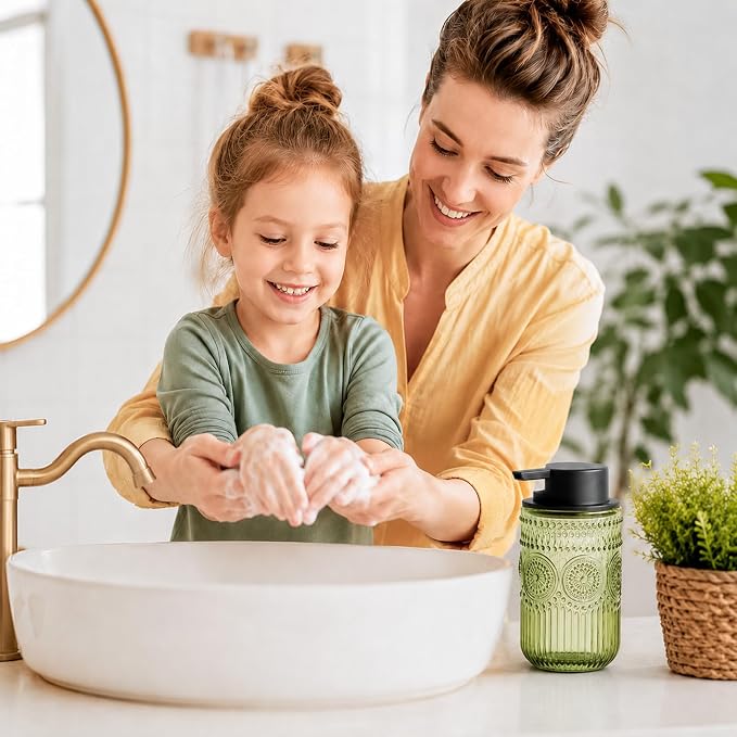 Foam Hand Soap Dispenser Glass, Green Foaming Hand Soap Dispenser | Reusable Foam Soap Dispenser with Black Foam Pump for Bathroom, Kitchen Decor,13.8 oz Large Capacity