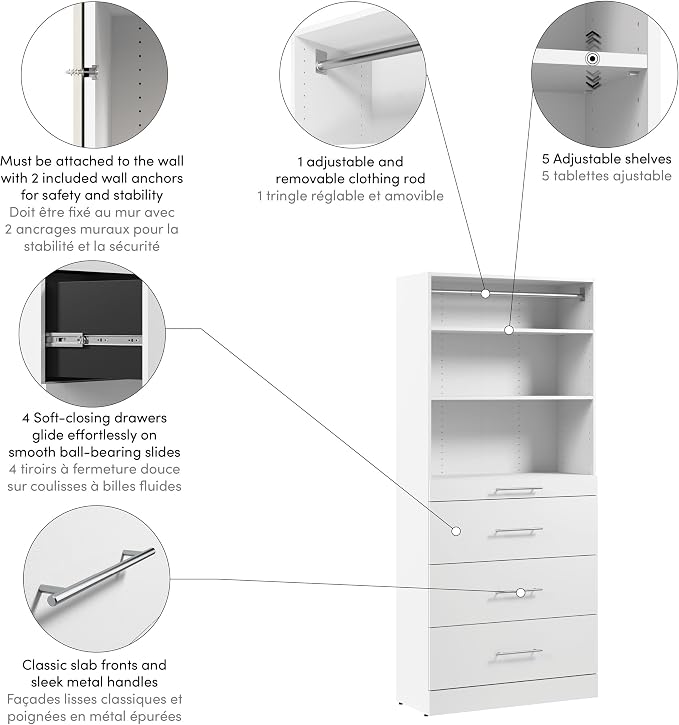Bestar 36W x 16D Modular Closet Organizer System Tower, Reach-in Closet or Walk-in with Shelves and 4 Drawers, Slab Style, Florence Collection, White