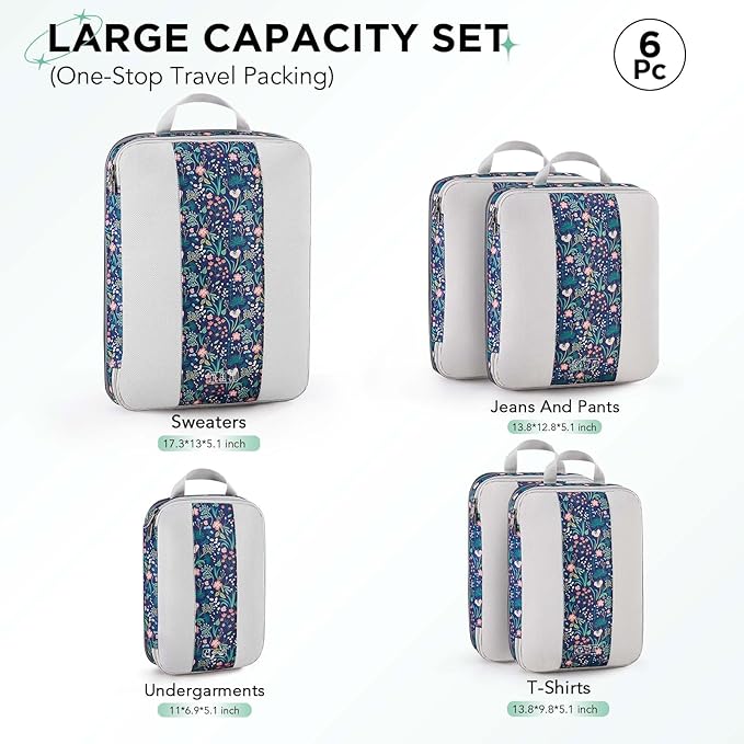 OlarHike 6 Set Compression Packing Cubes for Travel Essentials,Compressible Expandable Space Saver Bags for Organizing Clothes,Luggage Garment Bags with Over 1000 pcs Mesh Holes(Dark Blue Floral)