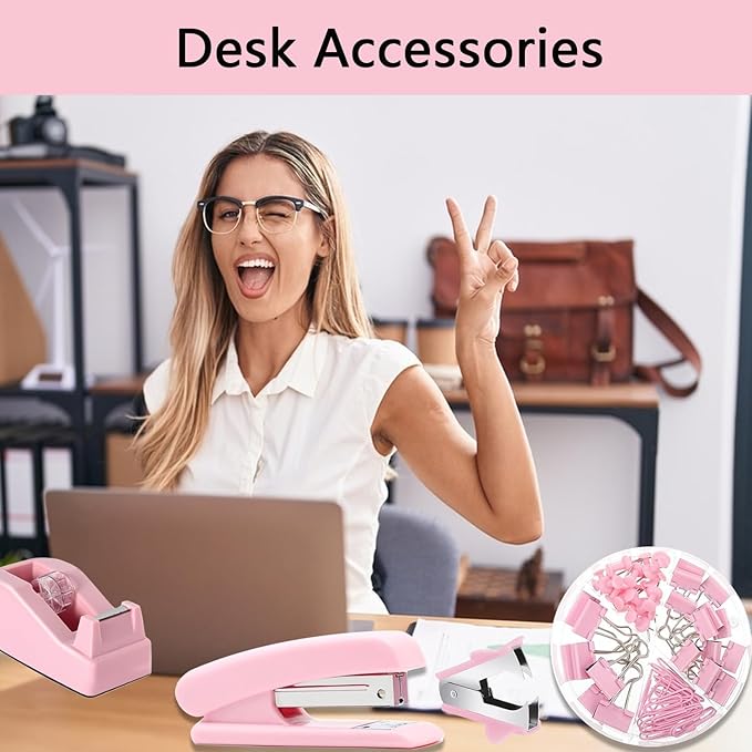 suniya Office Supplies,Desk Accessories,Tape Holder,Stapler,Scissor,Staple Remover,Box of Binder Clips,Staples,Ballpoint Pen,Lndex Tabs,Clear Tape,Office Supplies Set(Pink)