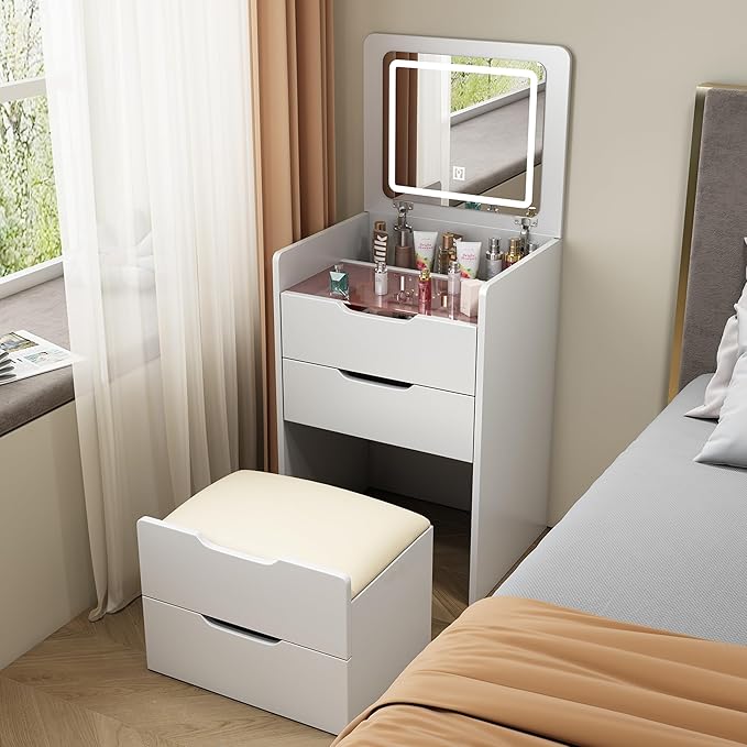 3 in 1 Vanity Desk with Mirror and Lights,Small Make Up Vanity Set with Visible Glass Desktop,Compact Makeup Vanity with 3 Drawers & Stool, Dressing Table for Bedroom